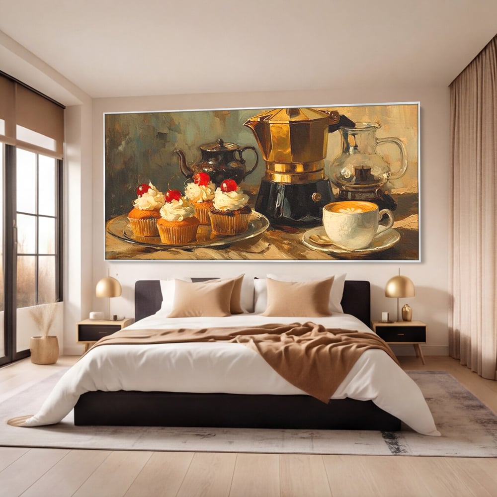 Tablou canvas cu pictura statica cu briose si cafea, in rama de aluminiu argintiu, pe perete intr-un dormitor